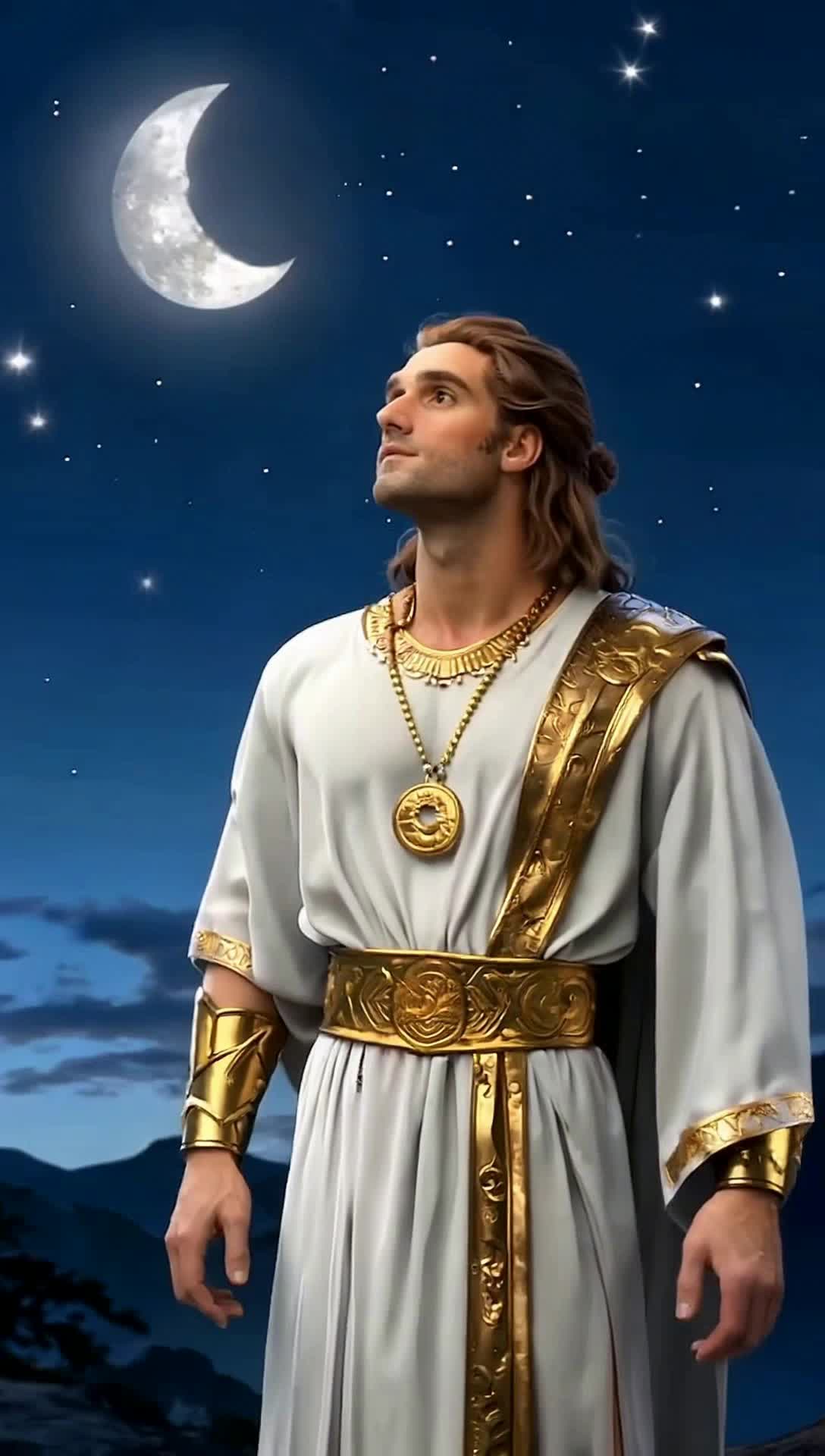 an ancient greek man listening to the night crescent moon sky