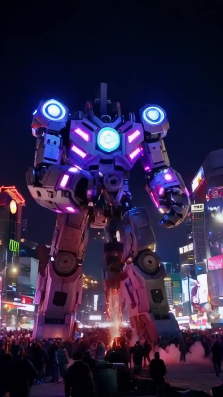 Massive robot machine machinery cyberpunk futuristic robots building robotic machines sparks lightning neon lights 