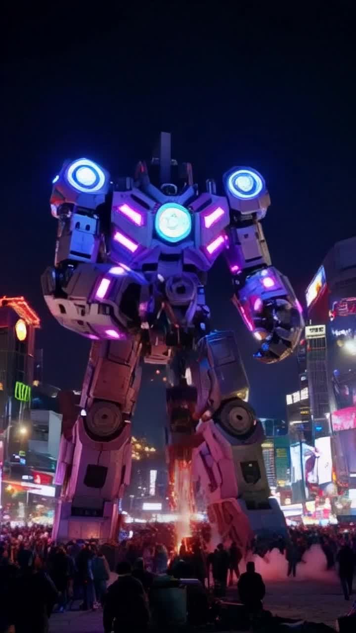 Colossal metallic robot gleaming under vibrant pulsating neon lights clanking against vibrant chaotic cityscape with distant crowds swirling and flashing advertisements dancing in shadows Radiant sparks showering through air as powerful arm swings with precision forging another intricate robotic machine into existence amidst billowing smoke and flickering screens creating a kaleidoscope of color and energy enveloping the scene