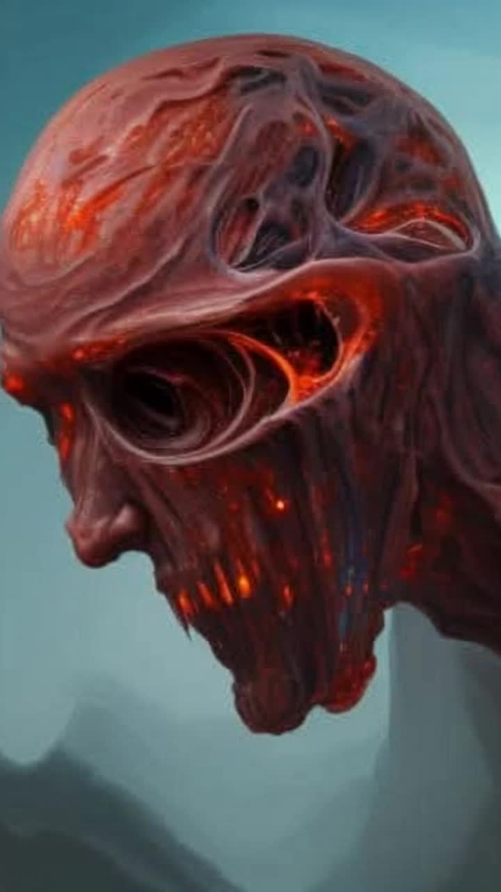 A fiendish demon, turning to face forward, hot like burning embers