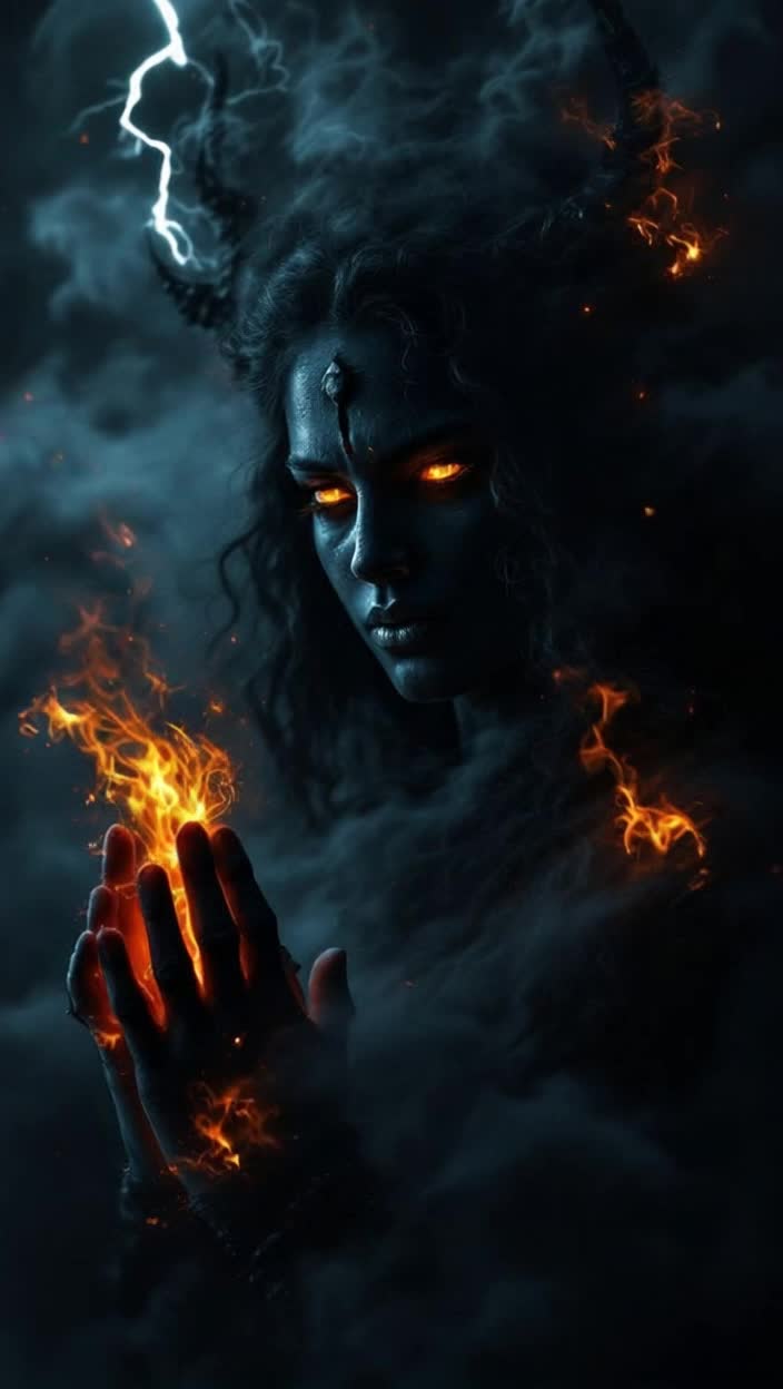 Devotee shrouded in shadows, eyes filled with despair, surrounded by swirling dark smoke, slowly folding hands in prayer Intense plea for protection echoes in silence Darkness thickens, tension rises Lightning bursts through gloom, illuminating fierce form of Mother Kaalratri with deep black complexion and fiery eyes She emerges with fierce grace, powerful aura radiating, trident and sword ablaze, earth trembling beneath each step Negative forces shatter with each strike, smoke disperses, dynamic lighting and action swirl around her Devotee awakens to newfound clarity, light enveloping him as Kaalratri blesses, a divine embrace of strength and affection