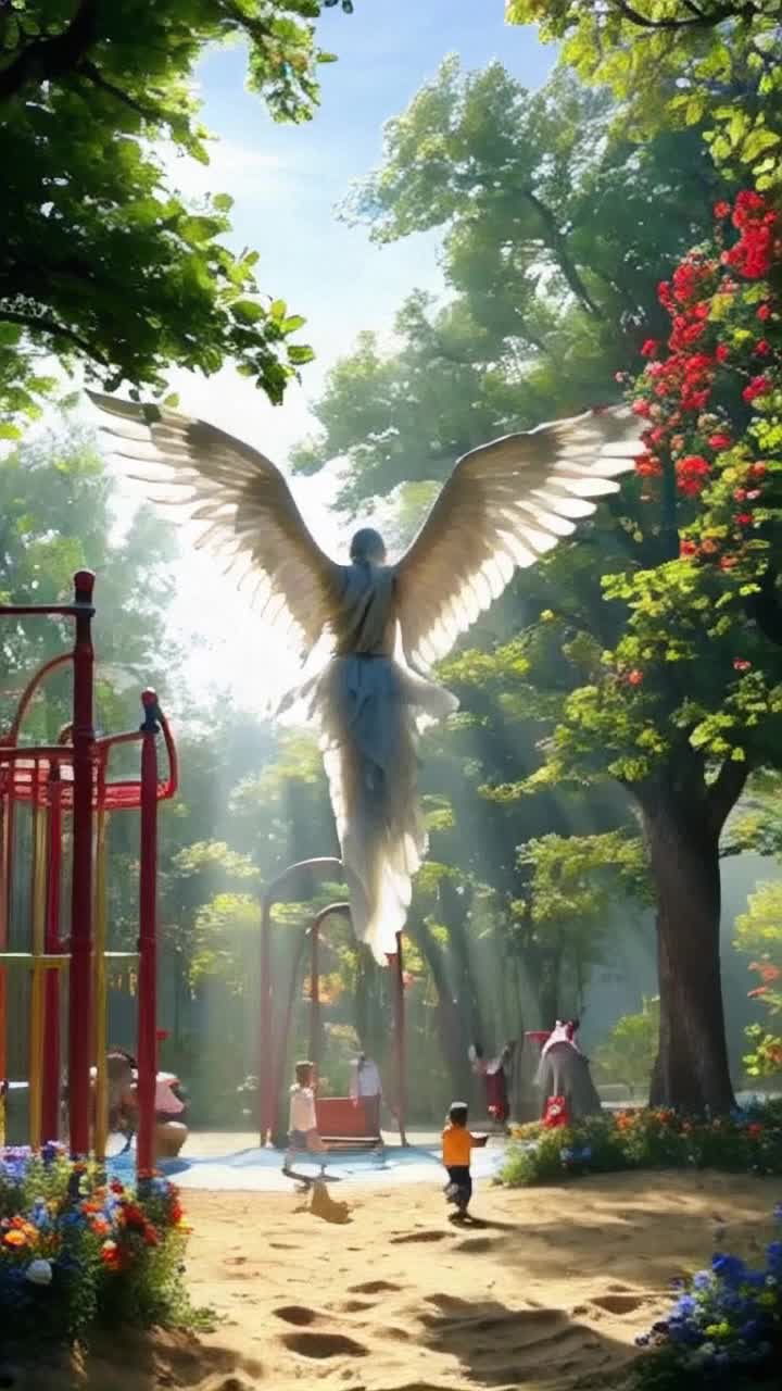 Radiant angel with flowing white wings hovering gracefully above playground filled with joyful children running laughing Meanwhile vibrant flowers bloom in shades of red yellow and blue surrounding tall lush green trees Soft sunlight filters through branches casting playful shadows on ground Cheerful birds flit about singing sweet melodies enhancing enchanting atmosphere Youngsters build sandcastles swing high in the air and chase each other amidst echoes of happiness creating a whimsical scene filled with joy and innocence