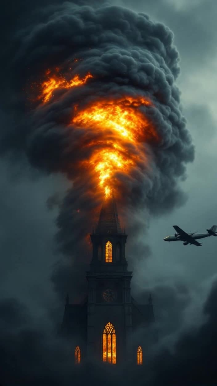 Two planes crashing in the sky, generating intense flames that create a hurricane of fire and falling on a church with a gray and gloomy background