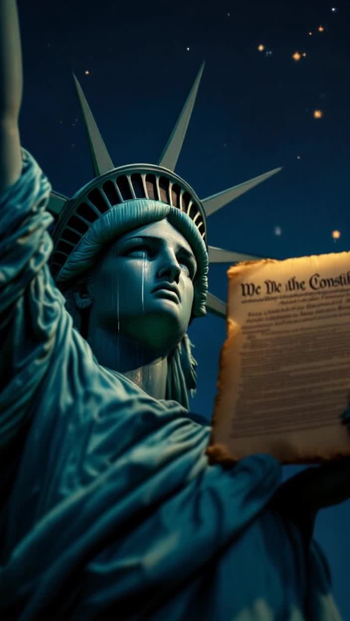 Lady liberty with tears in her eyes holds up the signed Constitution large enough that the world can see