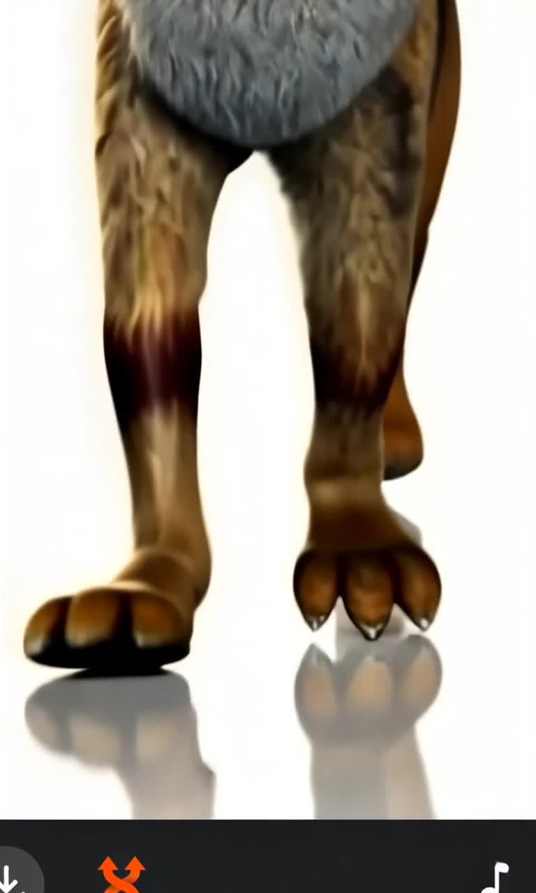 Low angle, close up view of the legs of an anthropomorphic dog character walking directly towards the camera, his body getting increasingly closer and closer to the camera each second