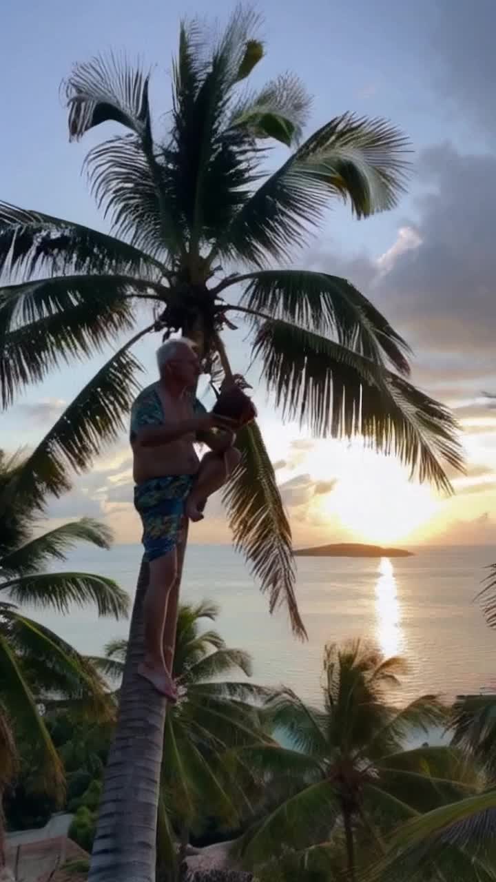 An old black man in beach shorts and a Hawaiian shirt lounges at the top of a cocoanut palm, sipping on a coconut drink and watching the sun setting over the tiny island and vast blue ocean