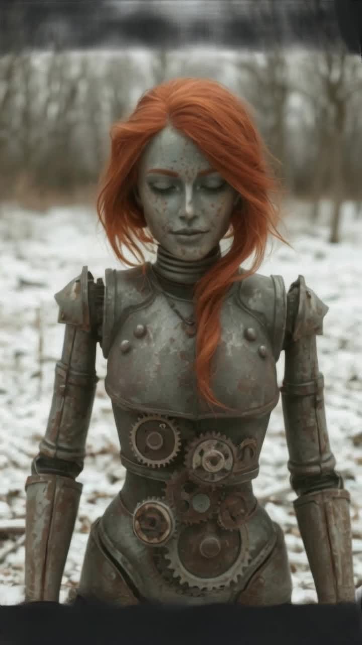 Beautiful red head robot women , With pieces falling apart