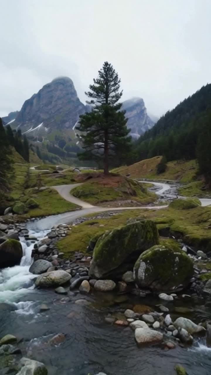 Majestic pine tree standing tall on a gentle hilltop surrounded by winding roads leading in different directions , moss stones upon stones, mountain,  4 roads, stone, big stone, river , stones