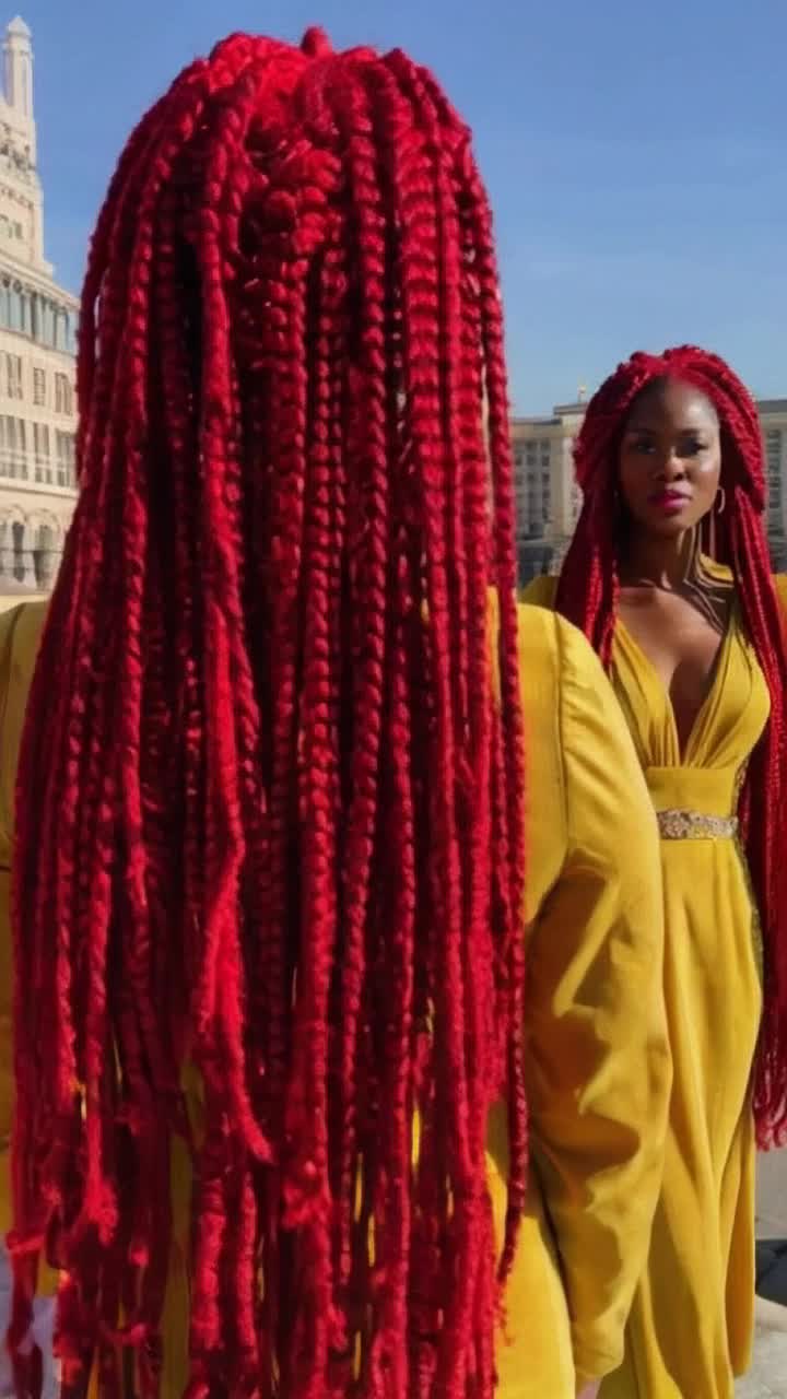 Radiant brownskinned goddess adorned with long flowing red braids cascading to the middle of her back exuding an aura of power Striding confidently in a vibrant yellow gown embellished with ancient protective symbols Faced with unwavering determination her expression speaks volumes of her driven nature Surrounded by luxurious real estate properties showcasing her success she manages family with grace and strength Envious glances from others reveal her remarkable achievements Next to her a mirror image of her twin sister shares her striking beauty yet lingers in shadows of unfulfilled dreams Urban skyline glistening in the late afternoon sun sets the scene