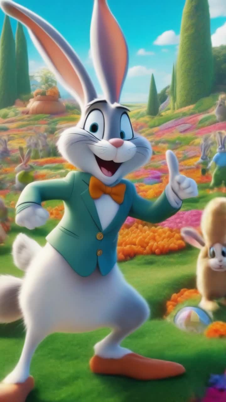 Bugs Bunny dressed in a sleek tailored human suit dashes with exaggerated agility vibrant oversized female rabbits pursue with expressive determination in an enchanting cartoon world lush greenery surrounds a whimsical landscape dotted with oversized vegetables a bright blue sky full of fluffy clouds overhead as Bugs skillfully navigates through colorful flower patches and hops over rolling hills laughter echoes in the air capturing the playful chaos of this delightful chase vibrant colors enhance the excitement in this animated escapade