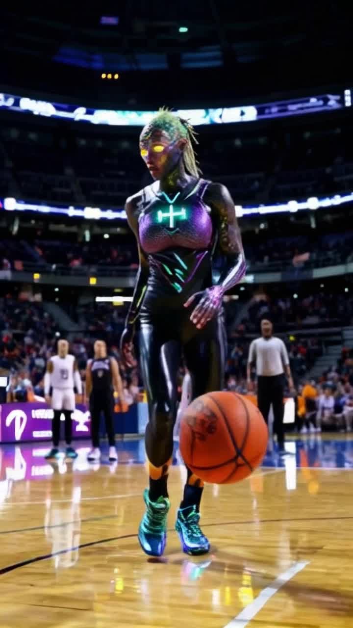 A tall, sleek alien with iridescent obsidian skin violet emerald patterns and glowing gold pupilless eyes dominates a high energy WNBA style basketball game Bioluminescent filaments pulse from their scalp as they dribble or dunk, their elongated, multi jointed hands expertly controlling the ball They wear a dark uniform with subtle glowing geometric trim The court is brightly lit, with polished wood reflections and blurred WNBA player silhouettes The dynamic scene captures their athleticism mid action, with a vibrant crowd in the background Style realistic, high fidelity like NBA 2K24, emphasizing contrast between their dark form and the arenas neon lights