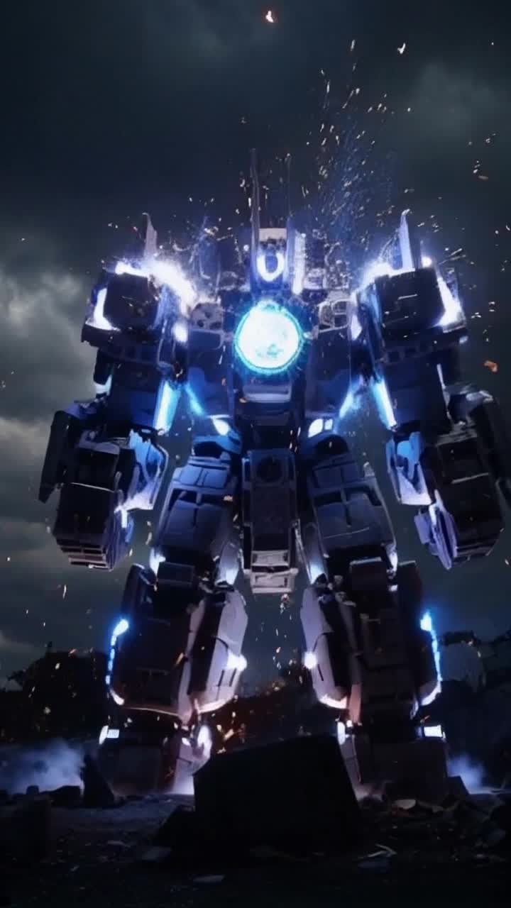 Colossal robot glistening with intricate gears pulsating electric blue energy surrounded by chaotic sparks swirling in vivid patterns carving through jagged steel fragments unleashing a symphony of clashing metal thunderstorm swirling overhead illuminating dark stormy sky embodying awe-inspiring power forging breathtaking advancements in technology reshaping reality displaying mastery over nature's fundamental forces