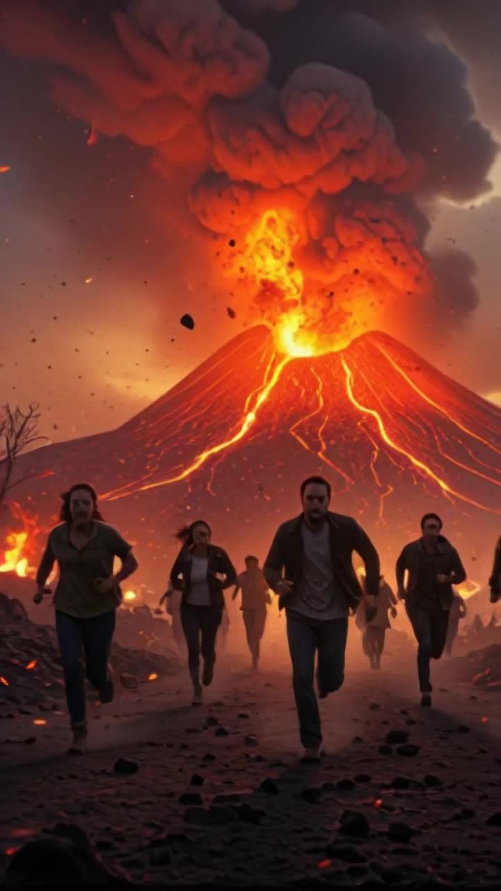 Crowd of terrified runners bursting forward frantic expressions illuminated by fiery glow chaotic energy pulsating all around Erupting volcano looms majestically in the background violent lava flows cascade down rocky slopes smoke billows into a darkened sky ash and debris rain down creating an apocalyptic scene Dramatic shadows dance across the ground casting an urgent atmosphere with every heartbeat Cinematic angles capture the highstakes moment unfolding in stunning photorealistic detail voices of panic pierce the air while the earth trembles beneath their feet evoking sheer dread and adrenaline