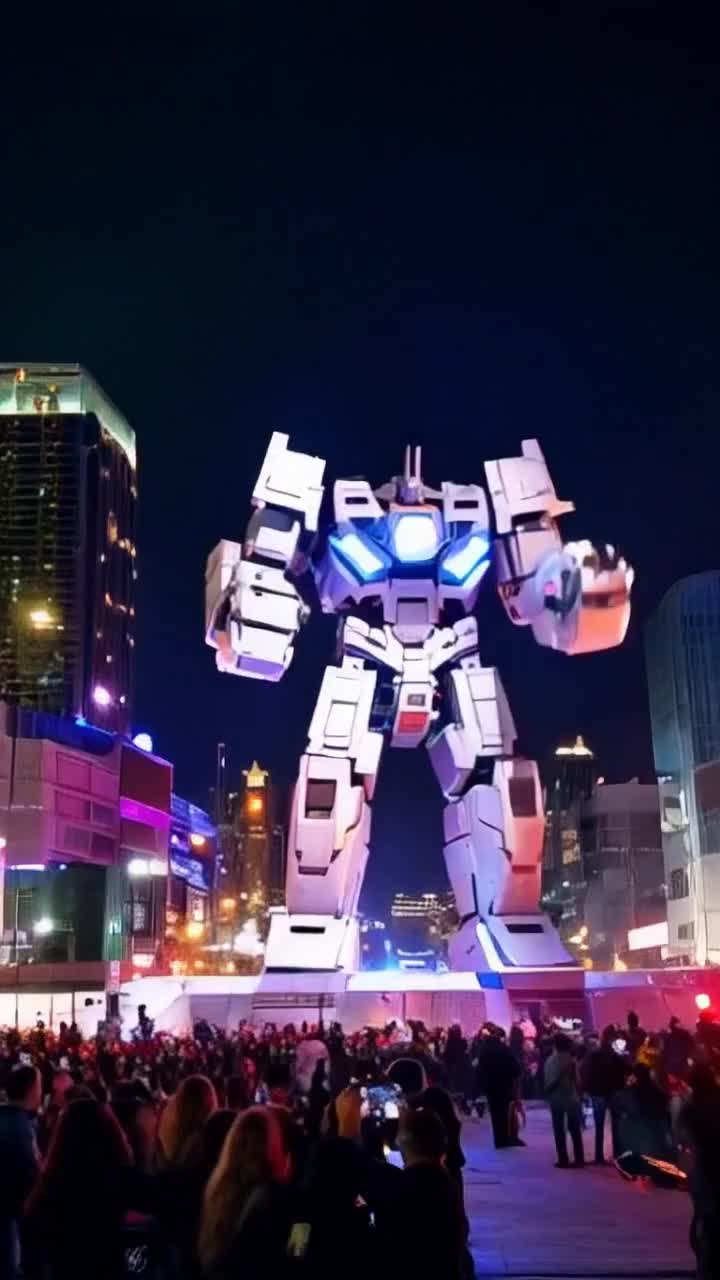 Giant robot transformer fighting in an arena robotic machines cyberpunk futuristic robots machinery massive tv jumbotron audience cameras sparks jets of fire neon lights