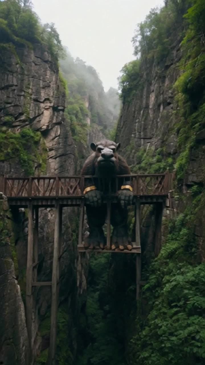 Mischievous troll towering over the scene with oversized hands prominent nose and enormous ears creating an imposing figure blocking the entrance Old wooden bridge weathered and aged swaying slightly over a deep chasm surrounded by jagged rock walls lush greenery crawling with vines shrouded in misty atmosphere adding a touch of mystery to the scene
