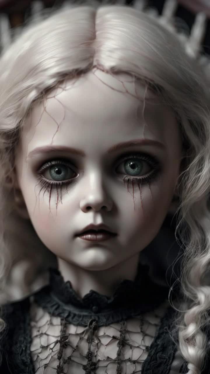 A closeup of a cracked porcelain doll sitting upright in a dustladen childs chair Its face is pale and ghostly, eyes faded to a milky gray, one pupil missing The expression is frozen in a silent, haunting gazeneither warm nor cold, only empty Wisps of cobwebs cling to its tangled hair, and one arm hangs askew, as if reaching In the background, the suggestion of childlike laughter echoes faintlybut no one is there The atmosphere is chilling, gothic, and mournful