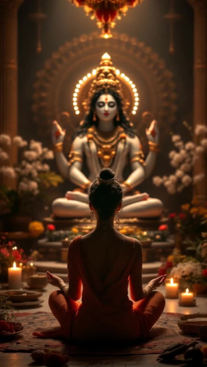 Serene individual seated before radiant Skandamata idol palms gracefully folded in devotion Gentle breath halting thoughts as a tranquil chant of her mantra unfolds Intimate setting adorned with soft