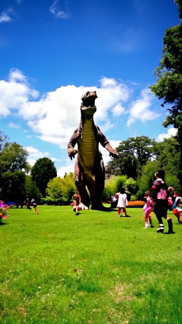 Immense 40foot animatronic dinosaur towers over amazed children Wideeyed kids race excitedly across vibrant green yard Shimmering sunlight filters through rustling leaves illuminating joyous laughter Colorful flowers sway gently in rhythm with playful chaos Rumbles of mechanical feet shake the ground creating thrilling vibrations Whimsical clouds drift lazily in a bright blue sky Overhead birds suddenly scatter startled by thunderous stomps Distant trees stand as silent witnesses to fantastical scene Magic of childhood intertwines with aweinspiring technology creating unforgettable experience