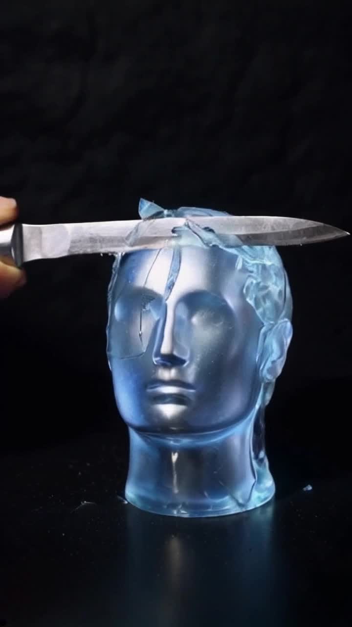 Glinting silver blade slicing through translucent crystalline human head emanating an eerie glow Shards of glass scattering in slow motion against a dark, shadowy background Flickers of light dancing on the sharp edges creating a mesmerizing yet unsettling spectacle