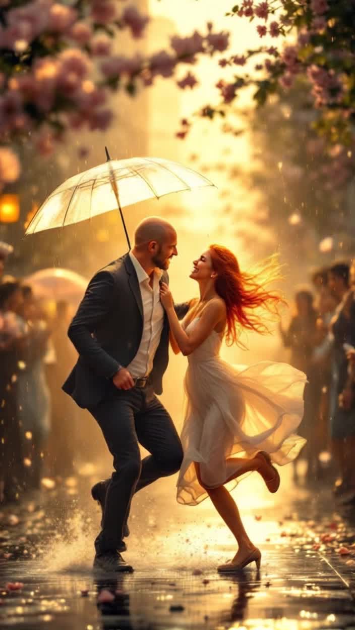 Vibrant redhaired girl in delicate white dress dashes joyfully through rainsoaked streets clutching a clear umbrella older handsome bald man in crisp white shirt under sleek black blazer races toward her amidst blooming flowers swirling around them she giggles as he effortlessly lifts her spinning her in a whirlwind of happiness droplets cascading from her hair their eyes meet in a passionate embrace rain subsides revealing a soft golden glow he kneels on one knee presenting a dazzling ring she beams with joy while onlookers gather erupting into cheers celebrating this enchanting moment of love
