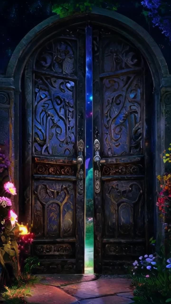 Ancient ornate door slowly creaks open revealing a vibrant parallel universe bursting with color Creatures of fantasy flutter around vibrant flowers while shimmering streams of light dance through the air Lush meadows stretch endlessly beneath a sky alive with swirling galaxies and glowing constellations Magic swirls around as echoes of enchanting melodies fill the air inviting exploration and adventure into this breathtaking realm
