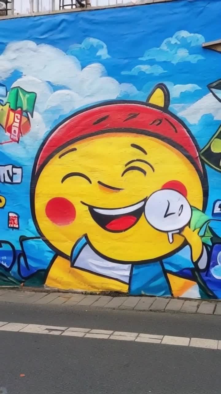 Vibrant street mural showcasing a cheerful cartoon character with a beaming smile holding a whimsical speech bubble Energy radiates as the character waves joyfully with an animated bounce in its stance Surrounding urban landscape teeming with life bustling market stalls bursting with colors fluttering banners dancing in a gentle breeze exuding an atmosphere of pure joy and warmth