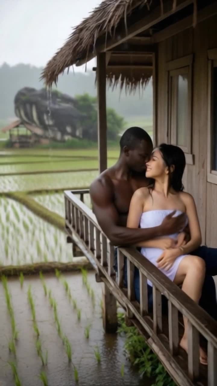 heavy rain, man massages woman