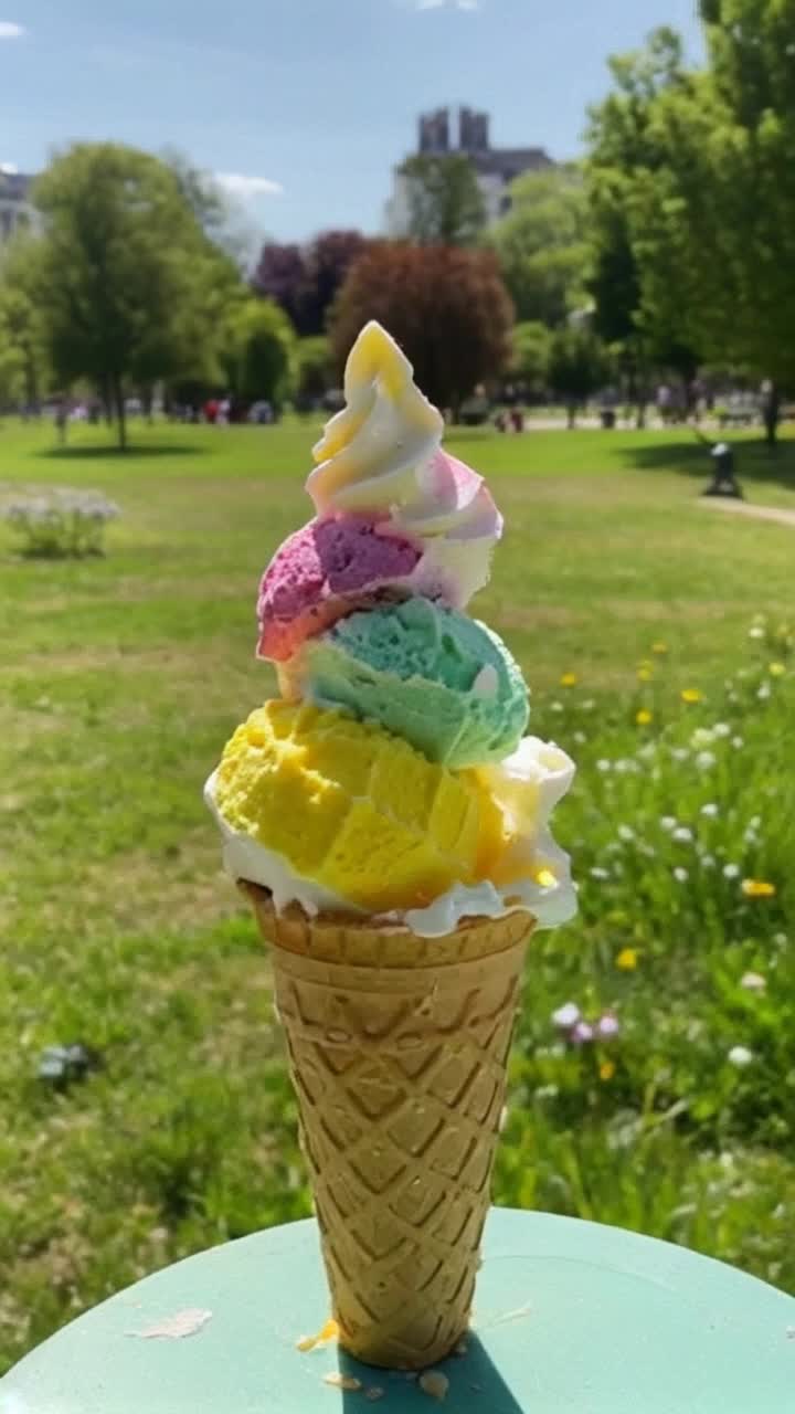 Colorful ice cream cone topped with three scoops of vibrant flavors drips slowly under warm sunlight swaying gently in a summer breeze surrounded by blooming flowers and lush green grass creating a joyful picnic atmosphere with distant laughter of children playing in a park