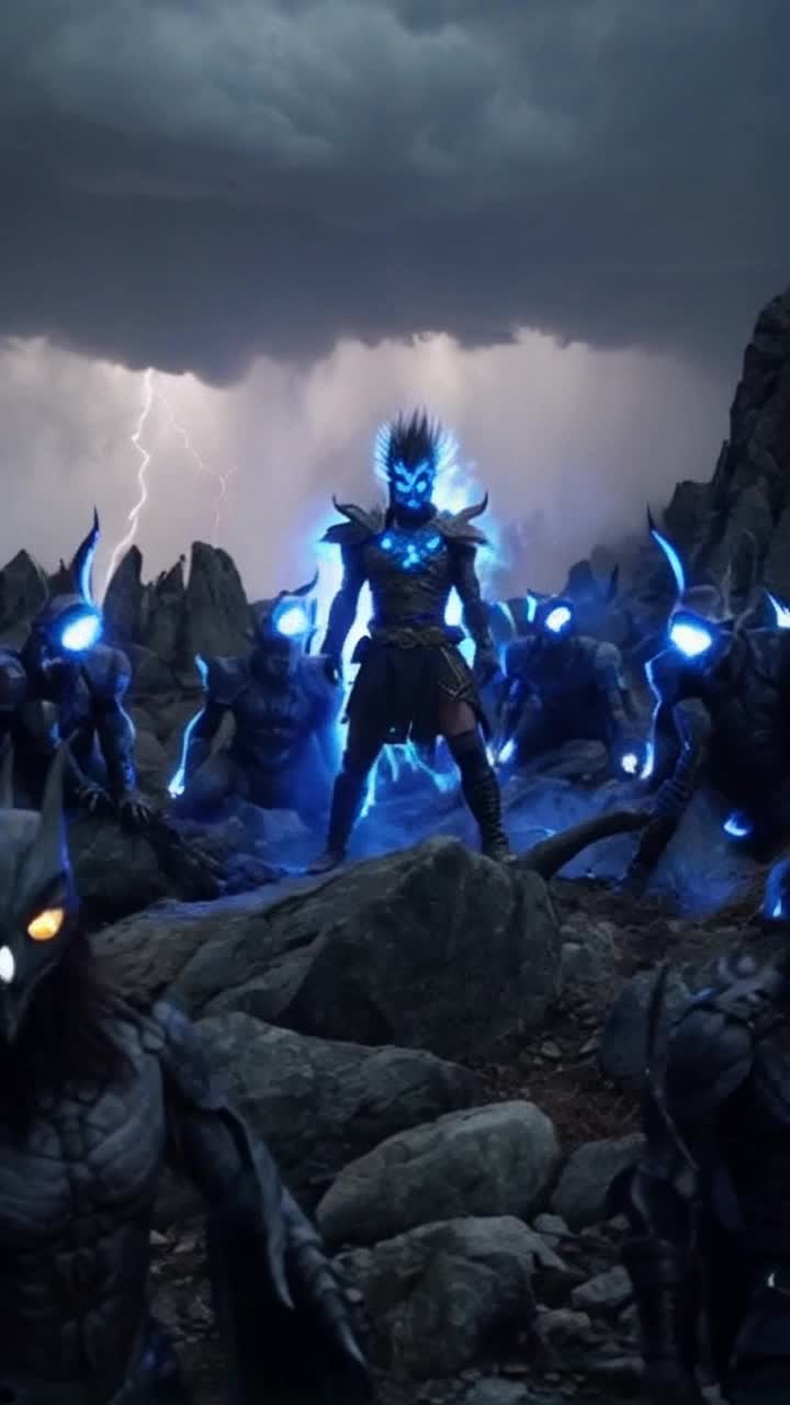 Spiky-haired warrior infused with atomic blue energy surrounded by a menacing horde of grotesque demons with glowing eyes crackling with dark power standing on jagged rocky terrain illuminated by ominous storm clouds swirling in the sky determination surging through him as he readies his sword for an epic clash thunder rumbles in the distance enhanced by flashes of lightning illuminating the intense scene