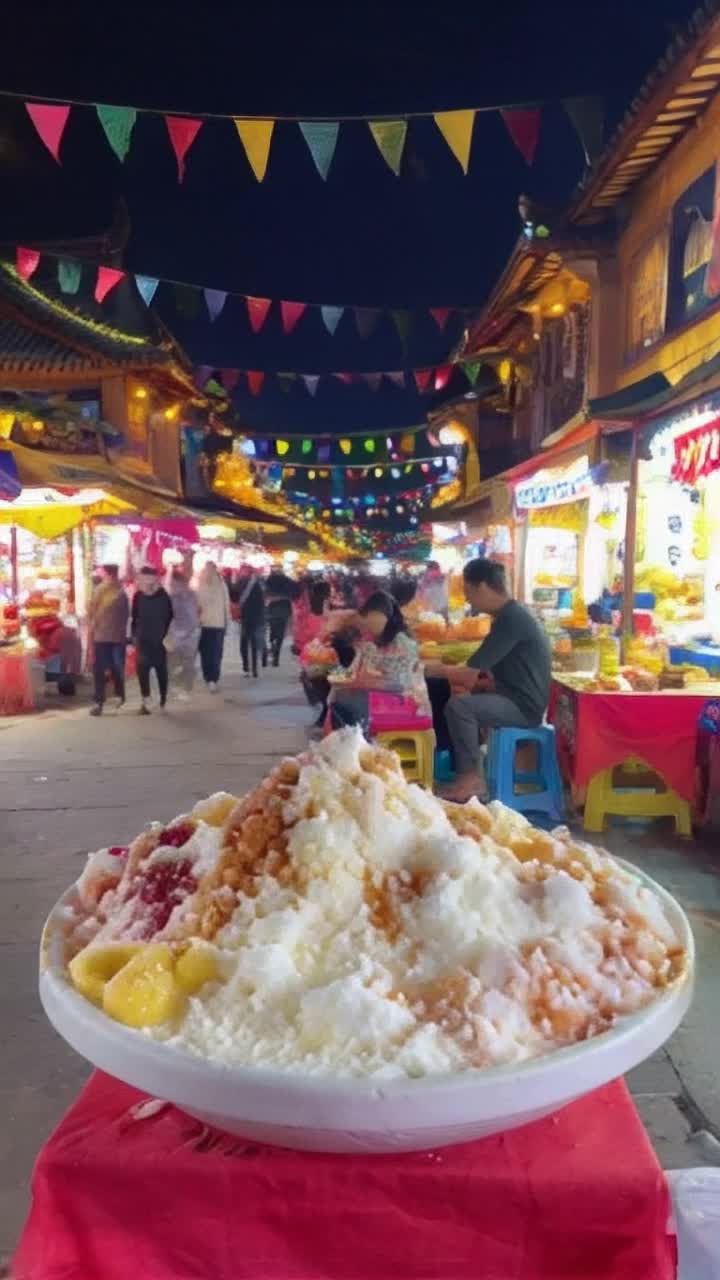 Colorful tiny figures inspired by Philippine superheroes gather around a massive bowl of halo halo Whirling hands construct layers of shaved ice and vibrant toppings in a flurry Energetic street market filled with colorful stalls fragrant with local treats and surrounded by festive banners fluttering in the breeze
