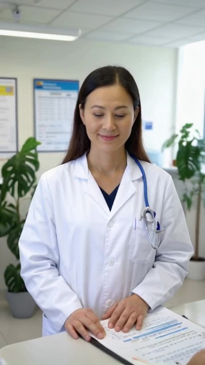 Confident general practitioner with a friendly smile wearing a crisp white coat standing in a modern clinic looking directly at camera exuding warmth and professionalism examining a patient chart on a sleek desk surrounded by vibrant plant life and medical posters bright natural light streaming through large windows creating an inviting atmosphere