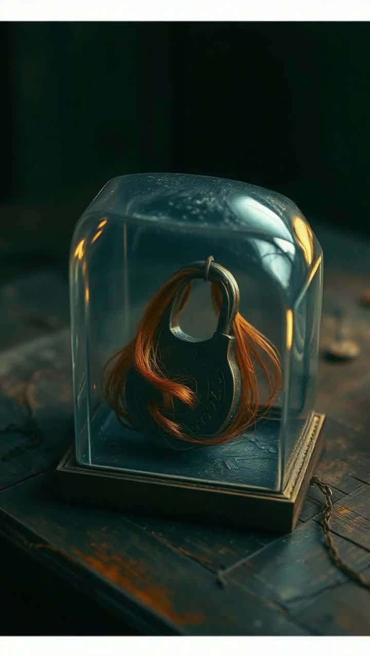 A decaying wooden table lit by dim candlelight Resting atop a faded velvet cushion in an old glass keepsake box, a delicate curl of auburn hair is preserveddry and fragile, yet hauntingly intact The glass is fogged with age and grief Around it, dust swirls in slanted moonlight from a cracked window The air feels reverent, sorrowful Beside the box lies a forgotten locket, halfopen, and a pressed violet flower, nearly turned to ash The scene whispers of love lost long ago but never truly let go Gothic, tragic, and sacred