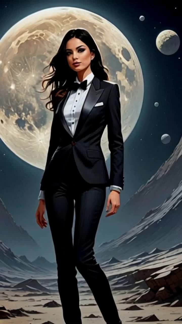 Elegant woman draped in a sleek black tuxedo radiating confidence and grace twirling softly under moonlit glow enchanting ambiance surrounding her silver gown capturing shimmering light Moon casting a gentle luminescence illuminating delicate features revealing a tranquil night sky shimmering stars dancing like diamonds