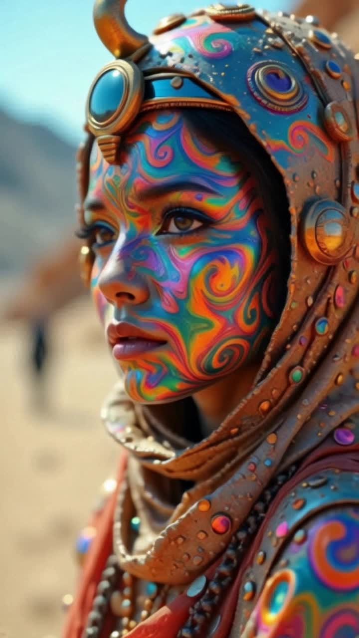 skin swirls of color, all swirling colors move, lady is contently nodding her head  up and down, skin colors blend 