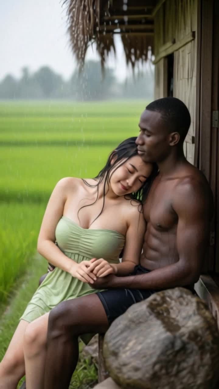 heavy rain, man hugs woman tightly romantically