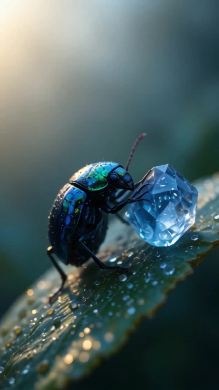 Iridescent jewel beetle showcasing intricate details of bluegreen exoskeleton resting gracefully on glistening dewcovered leaf Radiant sapphire crystal glowing enchantingly nearby capturing ambient light Misty atmosphere enveloping scene soft focus enhancing depth golden hour backlighting flooding composition with warm hues Cinematic lighting casting delicate shadows revealing exquisite textures captured in stunning 8K resolution using Hasselblad H6D camera showcasing natures artistry