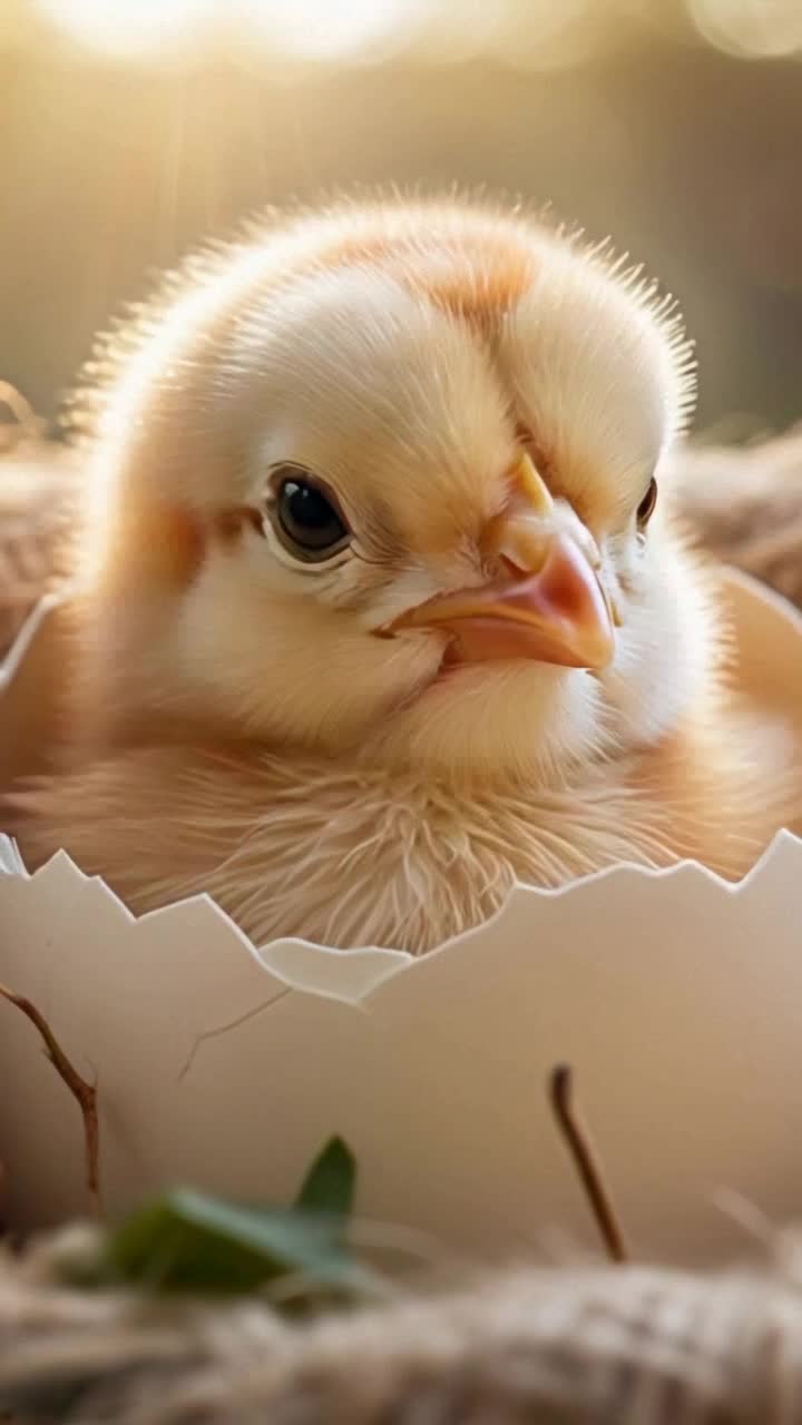 Fluffy baby chick with soft yellow feathers peeks out of cracked eggshell shaking tiny wings in excitement Nestled in a cozy strawfilled nest surrounded by colorful speckled eggs warm sunlight filters through a nearby window illuminating the scene creating a soft glow of hope and new beginnings
