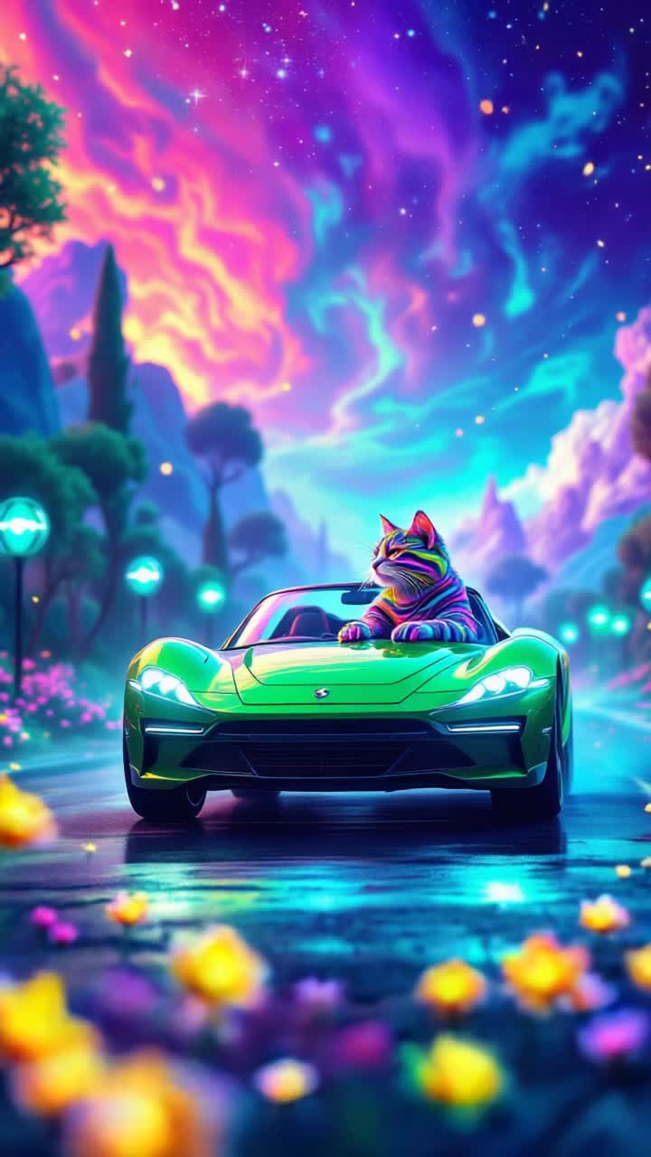 Neoncolored cat with swirling psychedelic fur driving a sleek green barchetta through a vibrant world Amazing hues cascade across the sky while stardust twinkles and floats gracefully above creating an ethereal atmosphere as the car glides smoothly over a paved road lined with surreal trees and glowing flowers in the foreground