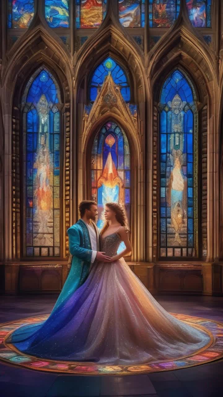 Regal prince adorned in sumptuous velvet alongside a graceful princess draped in a flowing gown twirl elegantly beneath shimmering moonlight Castles towering walls whisper ancient tales adorned with intricate tapestries and polished stone floors Glittering beams of moonlight filter through majestic stained glass windows casting a kaleidoscope of vivid colors that dance playfully at their feet while enchanting melodies ripple through the air wrapping around them like a warm embrace