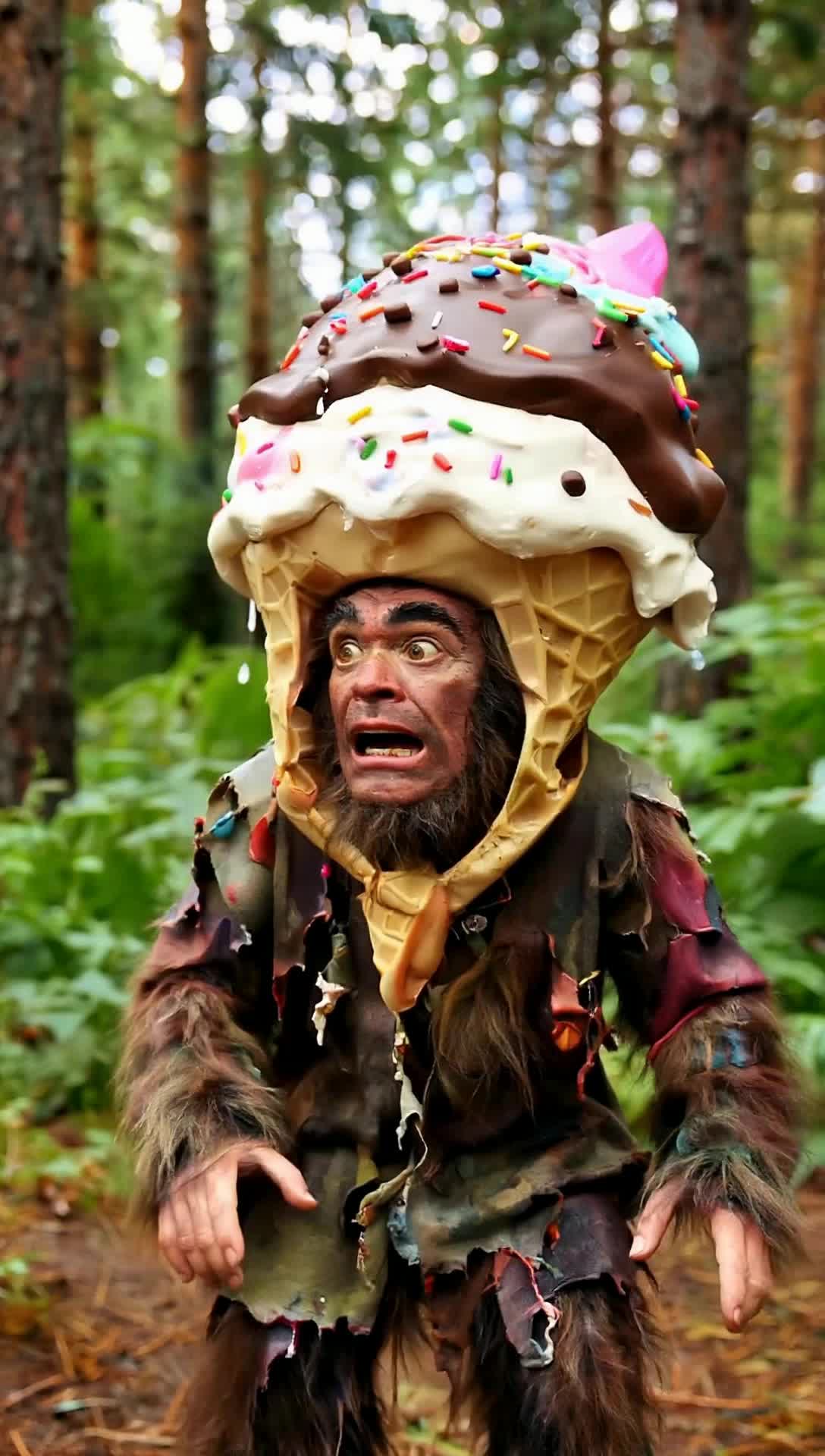 Ugly freaked out wild man wearing large hat made entirely of neopolitan ice cream, colorful,  action, bizarre 