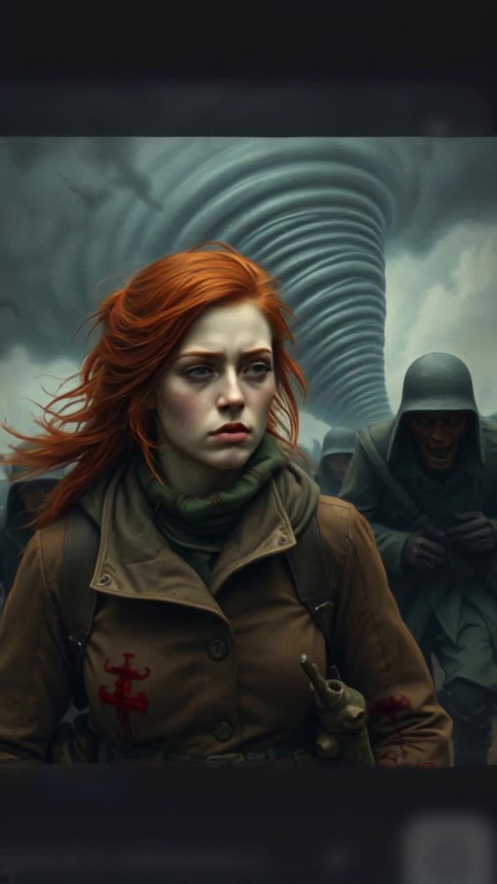 A beautiful redheaded woman, marching to war, world War 2 gear being worn, tired yet years on her face, her mouth an open cry of pain, background a dark tornado blows past