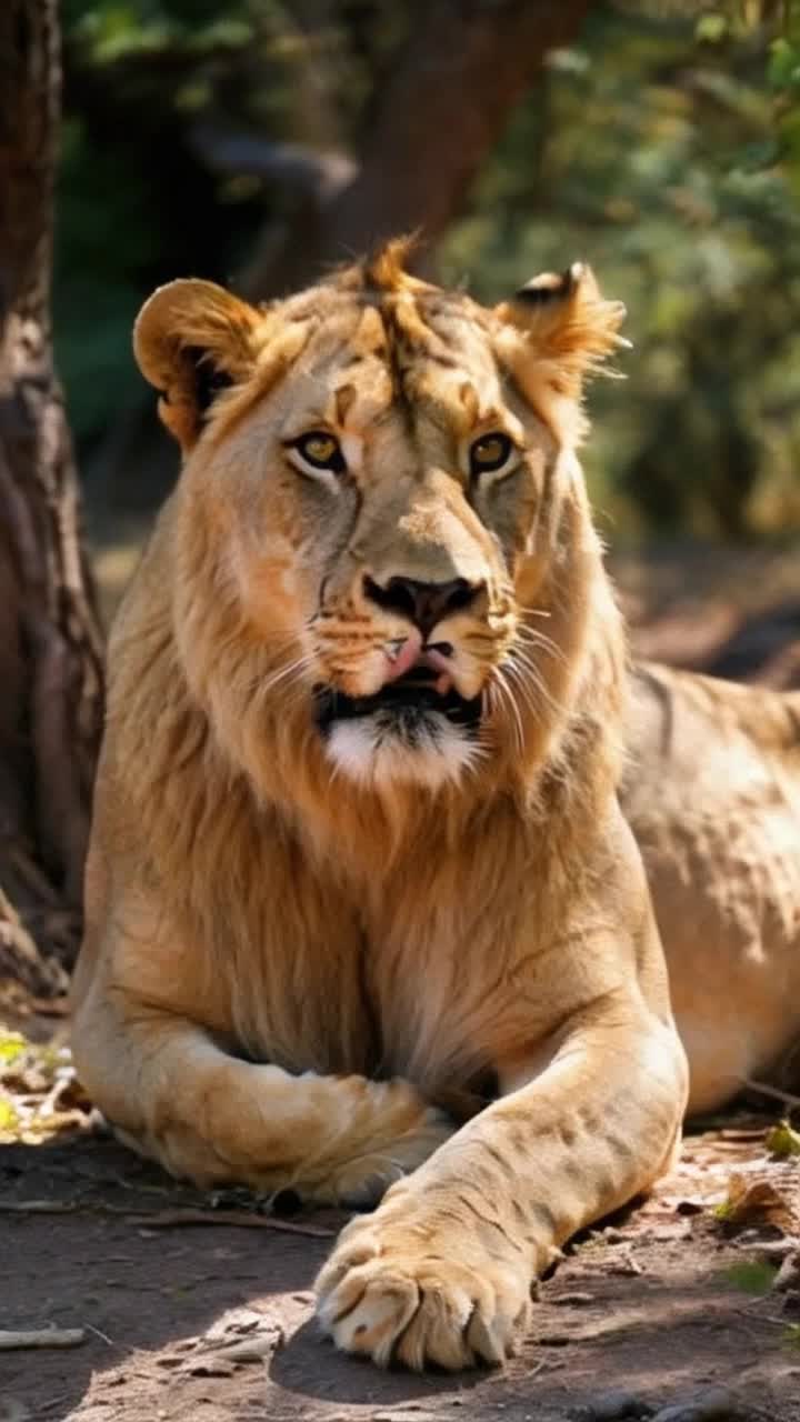 Majestic lioness with captivating golden fur chubby cheeks and double chin resting comfortably on lush grass rolls onto her side showcasing a formidable belly pressing against the earth Soft sunlight filters through vibrant green leaves casting playful shadows across her form Serenity fills the air as gentle breezes rustle nearby foliage creating a peaceful jungle symphony