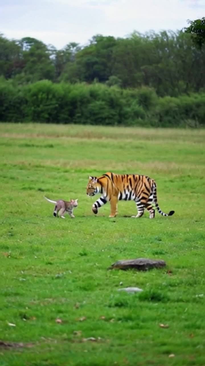 A cat running from a Tiger 