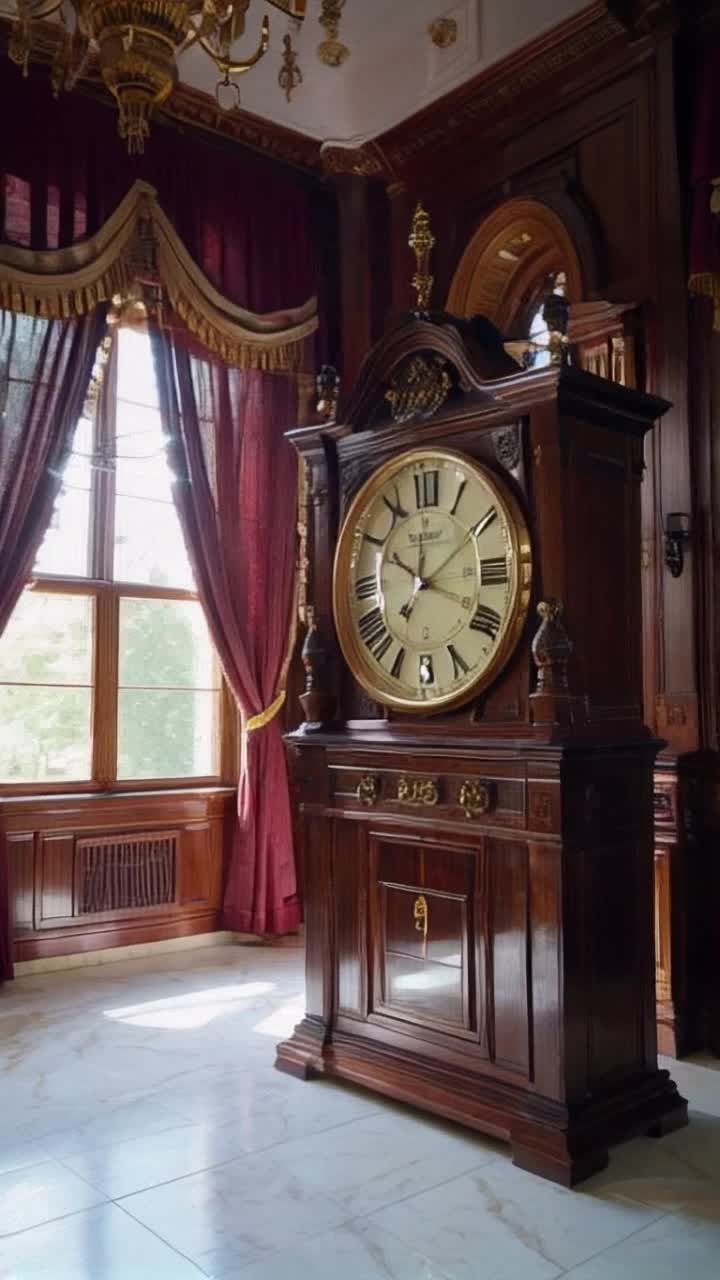 A beautiful large grandfather clock with gold Roman numerals  and dials The face is ivory colored and the clock is encased in very beautiful rich mahogony wood The clock is stuck meaninfully at 12 midnight the gorgeous clock is up against an elegant wall in a respendant  library room of an ancient English mansion with resplendent white marble floors The intense huge full moon is shining on the large clock from the huge old fashioned windows There are rich long maroon draperies with golden tassels the curtains are not closed but open an illuminating the room