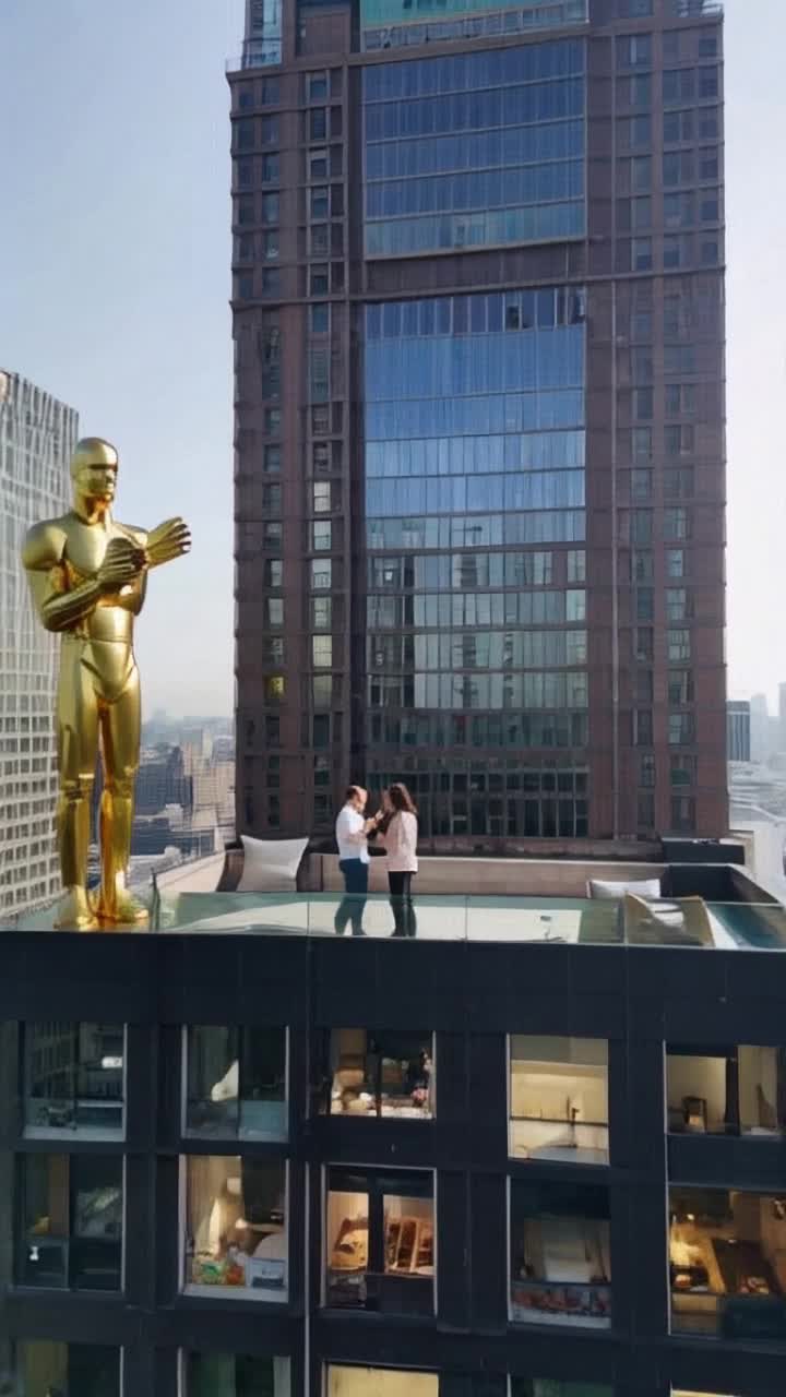 An upscale urban couple have morning coffee on the patio of their 60th floor Manhattan apartment, with a well groomed hill giant who stands beside the building, eye to eye with the couple