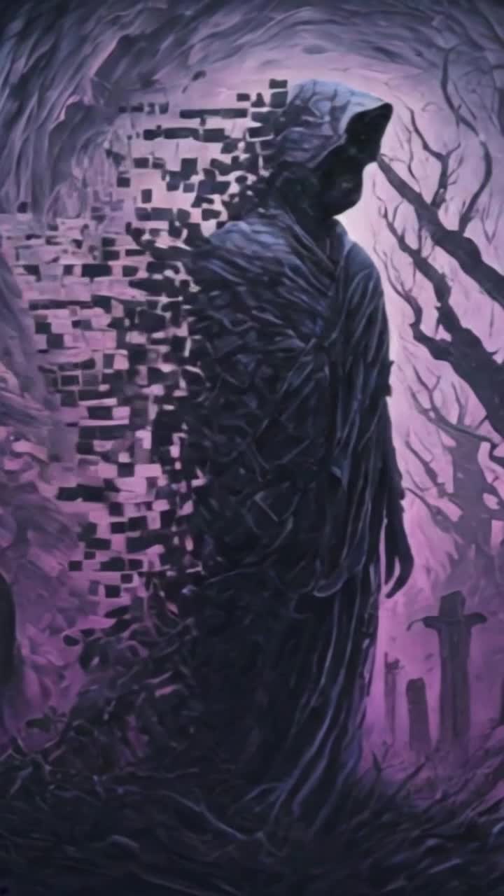 A dark shadowy ghostly figure in a graveyard disintegrating into pixelated fragments spiraling into a purple black hole,
