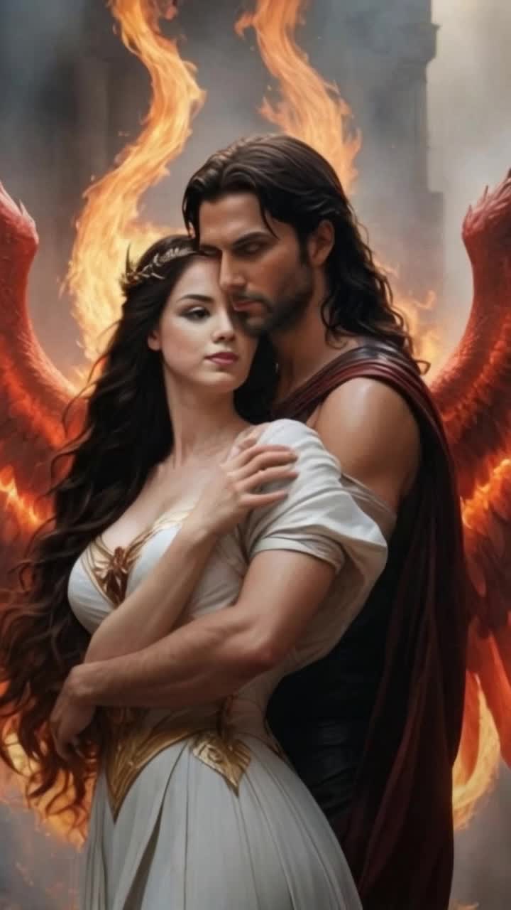 Elegant woman draped in flowing silk gown with shimmering details cradled in strong arms of a charming demon with intricate horns and glowing eyes Softly swirling embrace igniting an ethereal dance under moonlit sky Dark forest surrounding them adorned with sparkling fog and twinkling fireflies casting a magical glow Mystical aura enveloping the pair enhances their enchanting connection 
