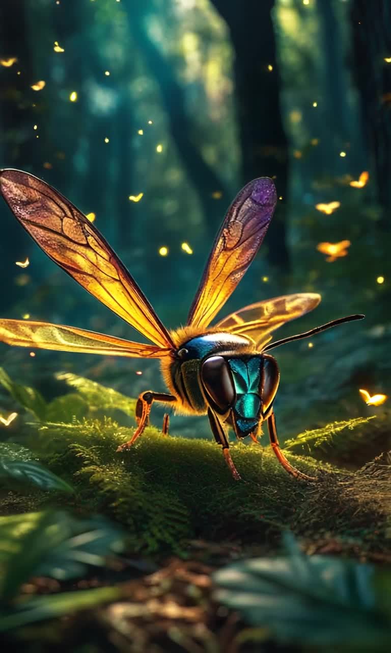 Murder hornet with iridescent wings flying high buzzing with energy darting in an enchanting magical forest sunlight filtering through dense canopies casting whimsical shadows on the forest floor butterflies fluttering in the background illuminating mystical glades filled with twinkling fireflies creating an atmosphere of thrilling adventure filled with enchanting sounds of natures symphony
