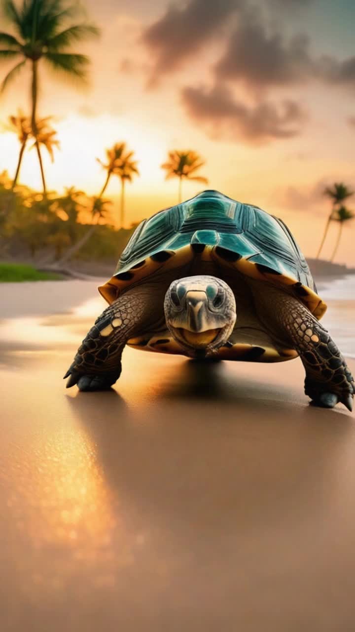 Tortoise with vibrant green shell nibbling on soft juicy apple pieces Sun setting into horizon casting warm golden hues over sandy beach Gentle waves lapping against shore creating peaceful ambiance Silklike clouds tinged with orange and pink float overhead as day transitions to night Shimmering light reflecting off tortoises shell highlighting intricate patterns Surrounding palm trees swaying softly in the breeze creating a serene tropical atmosphere