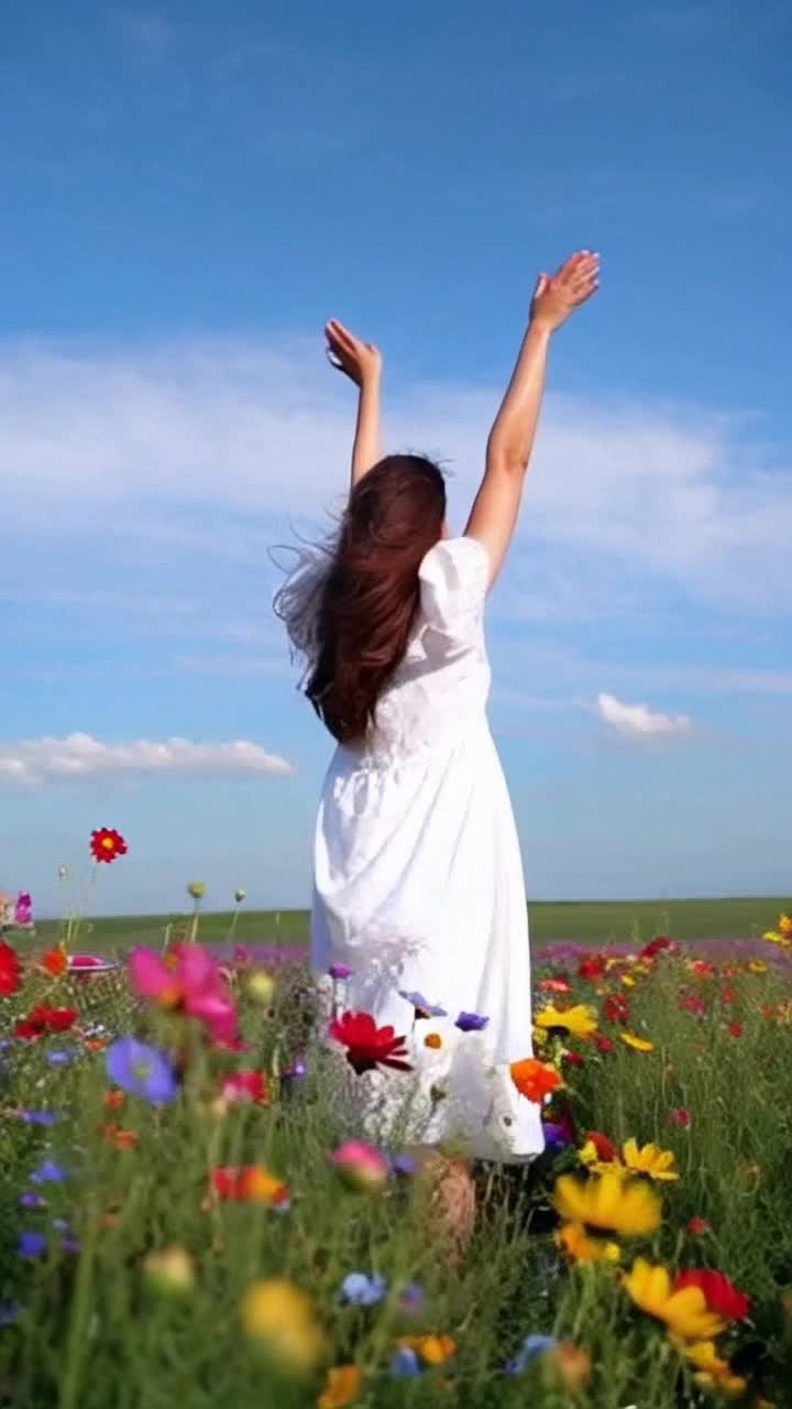 A graceful figure exuding confidence and sensuality standing tall under soft golden sunlight radiating warmth skin glistening with delicate drops of dew She lifts her arms playfully inviting a gentle breeze to dance around her while her hair flows freely cascading down her back fluttering with each movement Surrounding her vibrant wildflowers bloom in a kaleidoscope of colors swaying rhythmically A serene horizon stretches out beyond where lush greenery meets azure skies creating an enchanting atmosphere filled with tranquility